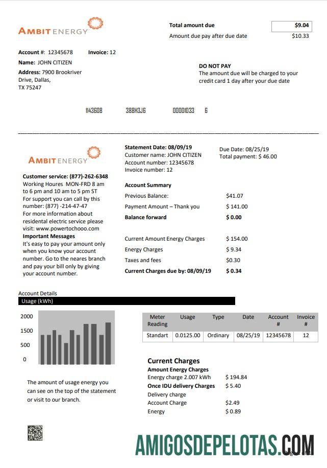 realista Modelo de conta de serviços públicos de energia dos EUA Texas Ambit em formato Word e PDF